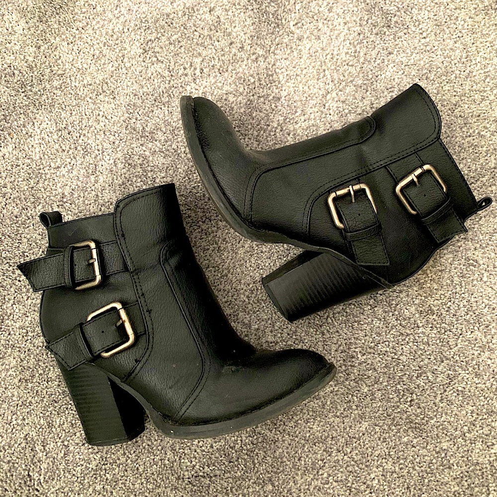Black Faux Leather Booties with Silver Buckles